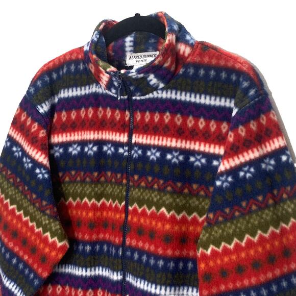 ALFRED DUNNER Fleece Jacket Petite Small Red Blue Vintage Fair Isle Nordic EUC - Picture 2 of 6